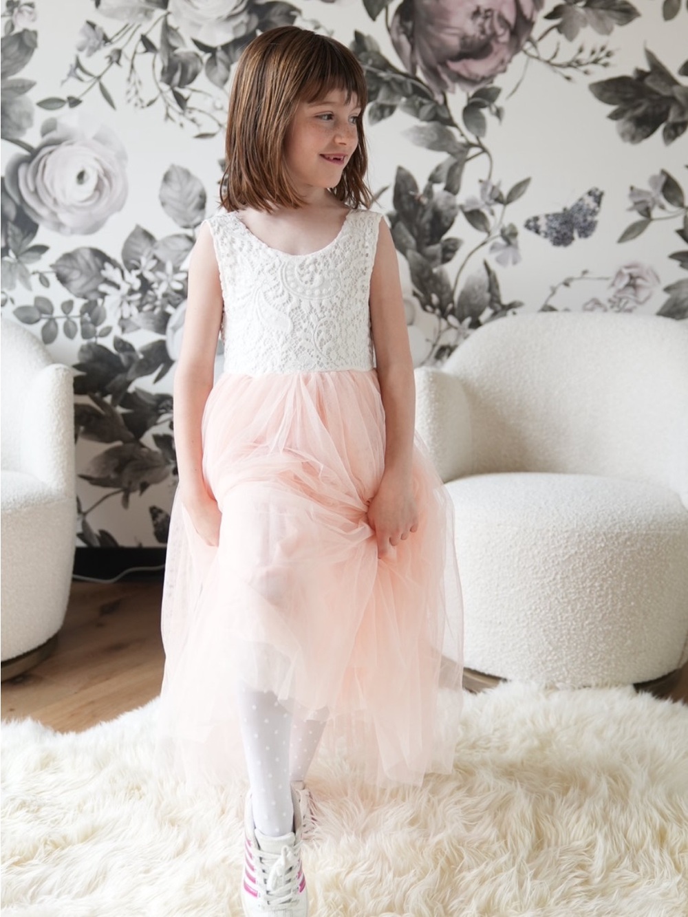 Girls White Lace & Peach Tulle Party Dress